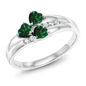 Gem Stone King 1.28 Cttw Green Nano Emerald and White Created Sapphire 3-Stone Ring For Women | 925 Sterling Silver | Heart Shape 4MM | Wedding Engagement Anniversary Promise Ring For Women