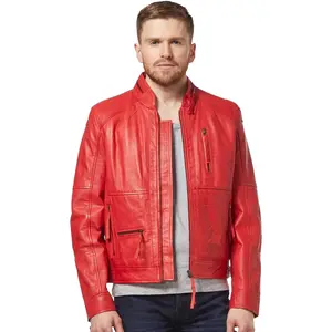 Men's Classic Stylish Red Biker Real Leather Jacket