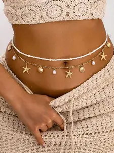 2pcs Boho Style Shell Starfish Beaded Waist Chain, Beaded Design Summer Beach Essential Accessory,  Ocean Series Jewelry for Women, Oceanic Themes