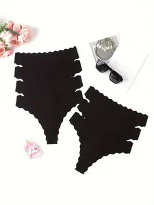 Women's 7pcs Solid Scallop Trim Fitted Casual Thong, Scallop Trim Panties, Scallop Trim Knicker, Soft Comfy Breathable Nylon Panty for Daily Wear, Underwear for All Seasons, Everyday Wear