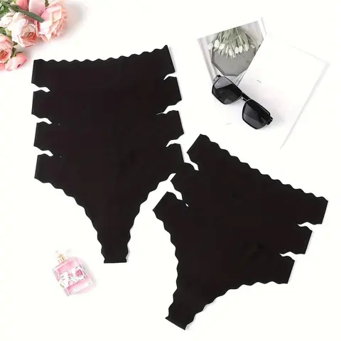 Women's 7pcs Solid Scallop Trim Fitted Casual Thong, Scallop Trim Panties, Scallop Trim Knicker, Soft Comfy Breathable Nylon Panty for Daily Wear, Underwear for All Seasons, Everyday Wear, Breathable Comfy Innerwear