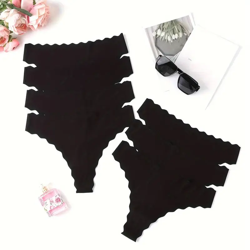 Women's 7pcs Solid Scallop Trim Fitted Casual Thong, Scallop Trim Panties, Scallop Trim Knicker, Soft Comfy Breathable Nylon Panty for Daily Wear, Underwear for All Seasons, Everyday Wear, Breathable Comfy Innerwear