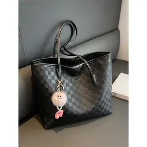 Women's Fashionable Plaid Pattern Commuter Tote Bag with Cute Charm, Large Capacity Shoulder Bag for Daily Used, Casual Trendy Versatile High-quality Daily Commuting Bag
