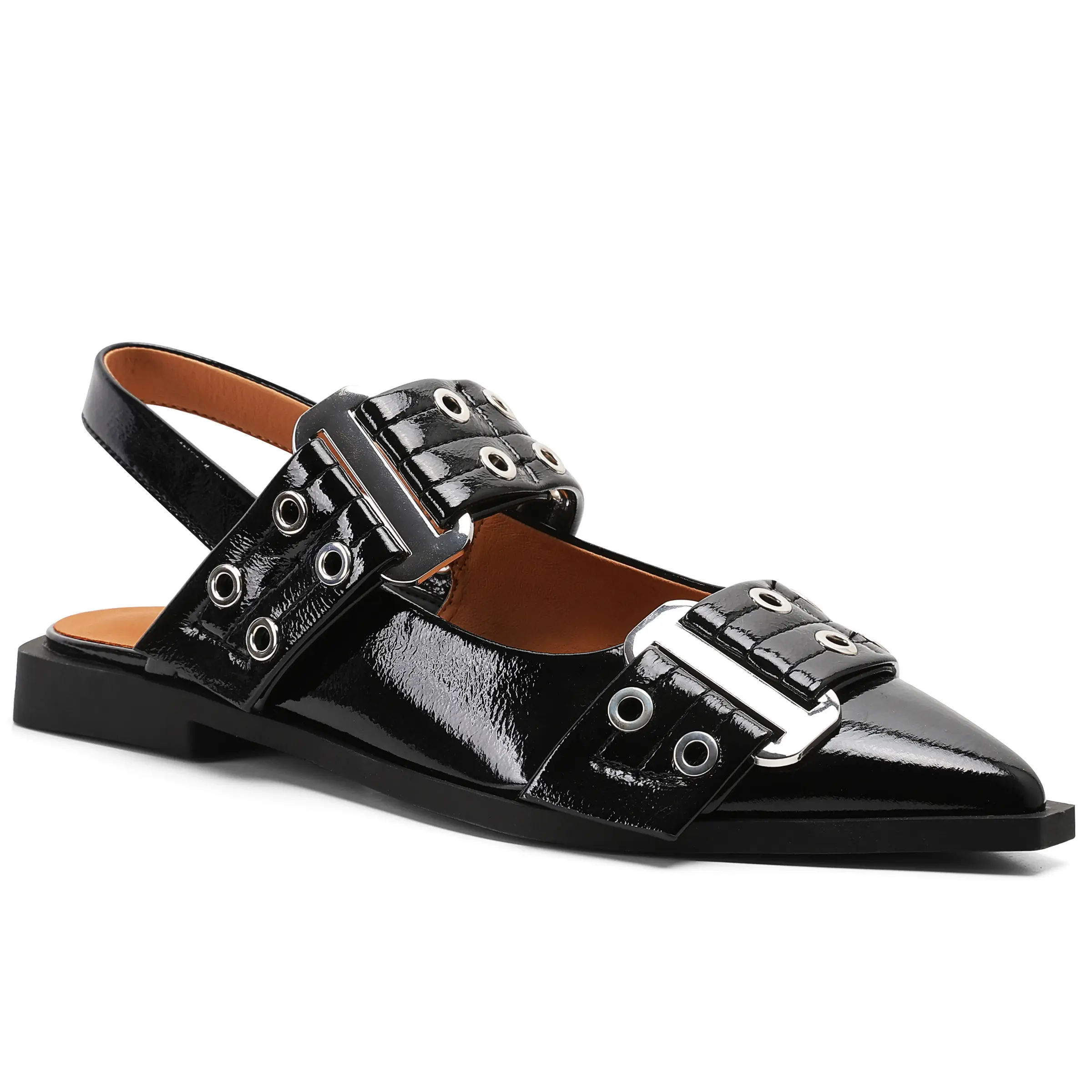 Women's Slingback Ballet Pumps Fashion Welt Buckle Pointed Toe Squared Block Heel Ballerina Shoes Flat Casual Sandals