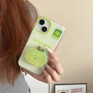 Crystal Clear Light Ind Matcha Ink Splatter Apple Phone Case with Bear Stand, Lightweight Shockproof Cover, Fits iPhone 11-17 Pro Max