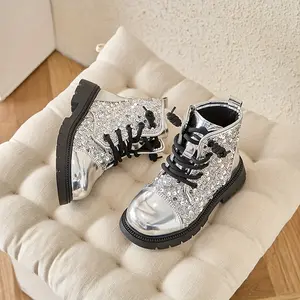 Trendy Girls' Sparkling Ankle Boots Fall And Winter Featuring a Side Zipper