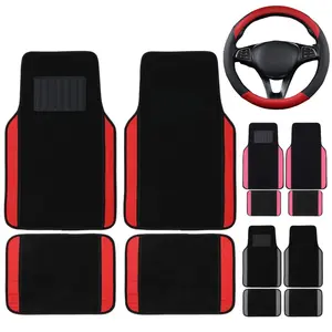 Carpet Car Floor Mat Auto Foot Pad Set , with Car Steering Wheel Cover , Universal Heavy Duty Non Slip Van Mats PVC & Flocking Waterproof
