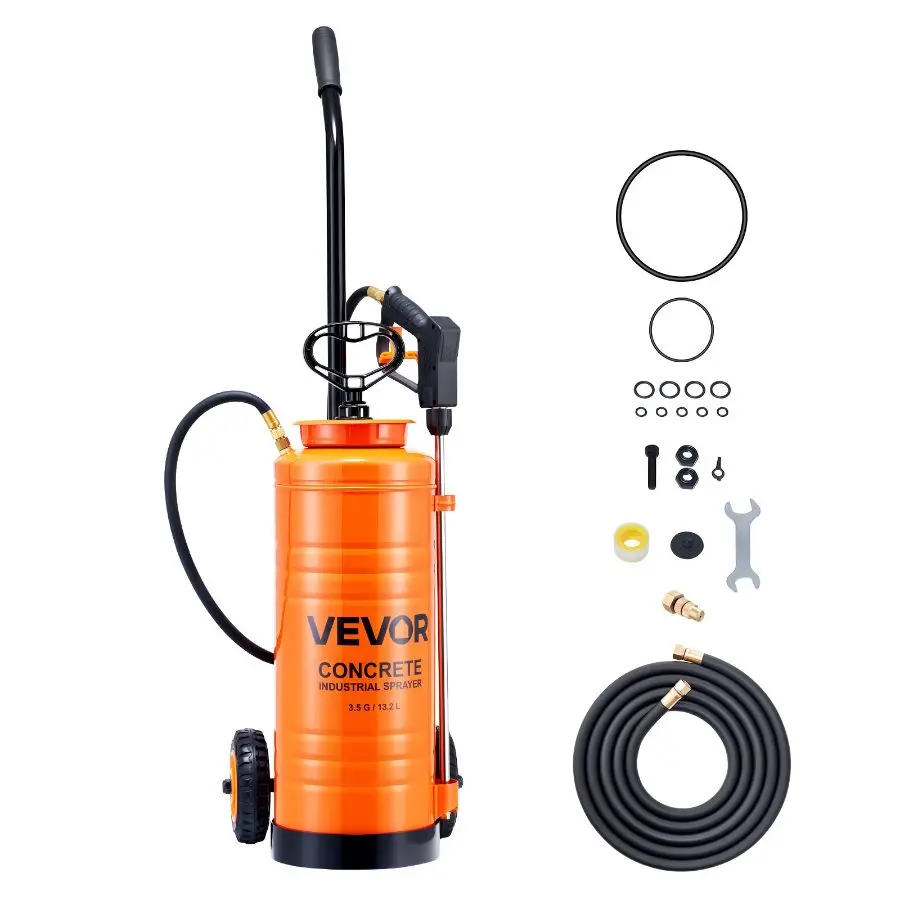 【Summerfinds】 Industrial Concrete Sprayer with Wheeled Cart, 3.5 Gal Stainless Steel Tank, Heavy Duty Tri-Poxy Pump, 20.5 in Wand, 48 in & 120 in Hoses, 2 Brass Nozzles for Construction, Lawn Garden, 3.5 Gallon Tankdealsforyoudays