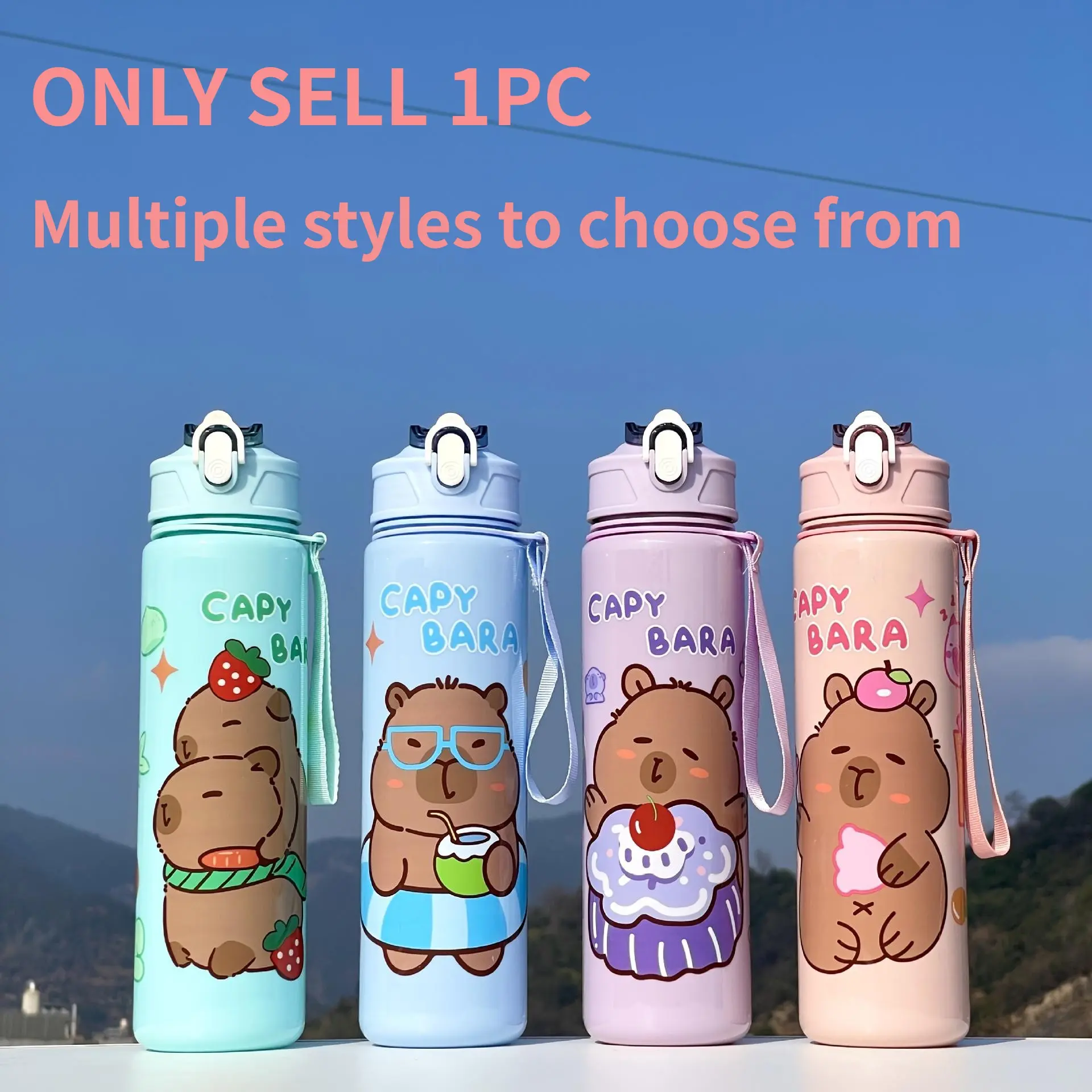 Cute Capybara Sports Water Bottle Tumbler with Straw, Leakproof Water Bottle, Leak-Proof & Portable Design, PC Material Ideal for School Outdoor Activities Travel