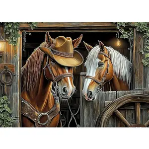 1PCS DIY Diamond Painting Kit Two Horses in Barn with Cowboy Hat Wagon Wheel Rustic Farmhouse Decor Ful
