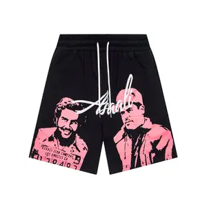 Extra Baggy Vintage Portrait Print Fleece Fleece Sweat Shorts, Acid Washed Drawstring Baggy Bottoms, 2000s Retro Bootleg Urban Street Style, For Men & Women Warm Weather Music Festival & Hip Hop Style Daily Outfit