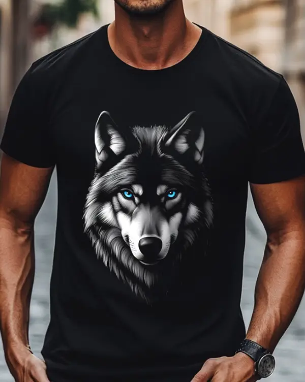 SohoChic Men's Soft Garment Tops - Black Menswear Unisex Short Sleeve Round Neck T-Shirt, Striking Wolf Face Graphic, Breathable Fabric, Machine Washable, Comfort Fit, Durable Print, Summer Gift