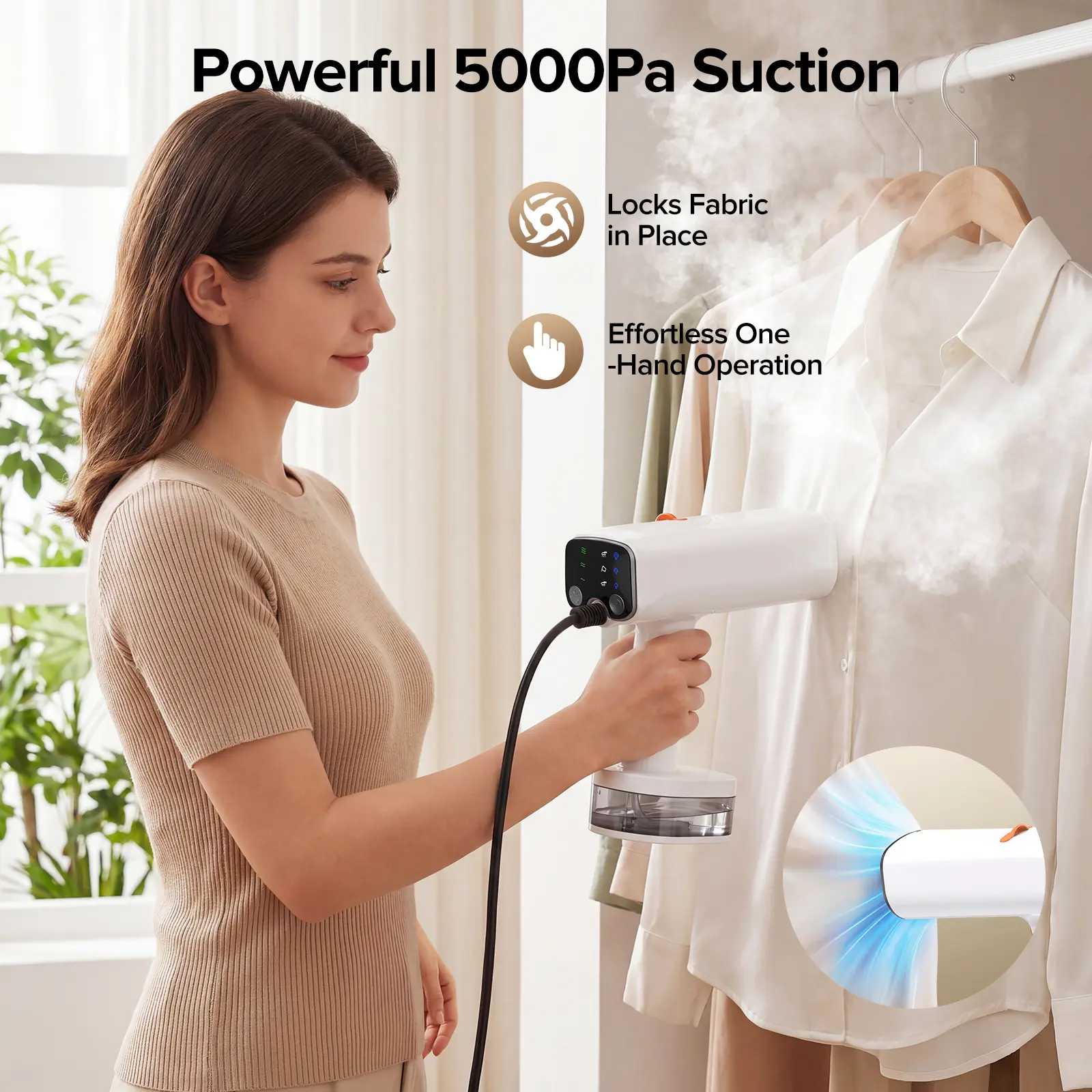【2026 New Arrivals】Portable Steam Iron, 5000Pa Suction Power, Powerful Suction, Quick Wrinkle Removal, 3 Steam and Suction Settings, Suitable for All Fabrics, 350ml Removable Water Tank with Bottle Adapter, Travel Iron with Continuous Water Supply