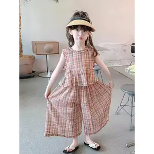 2026 Summer New Girls Boho Pastoral Style Colorful Plaid Crew Neck Top + Wide Leg Pants 2pcs Set, Soft Skin-Friendly Lightweight Breathable Kids Outfit Girls Clothes 10 to 12 Girls Clothes Kids Clothes Girls Teen Girl Clothes Girls Clothes 7 8 Yea
