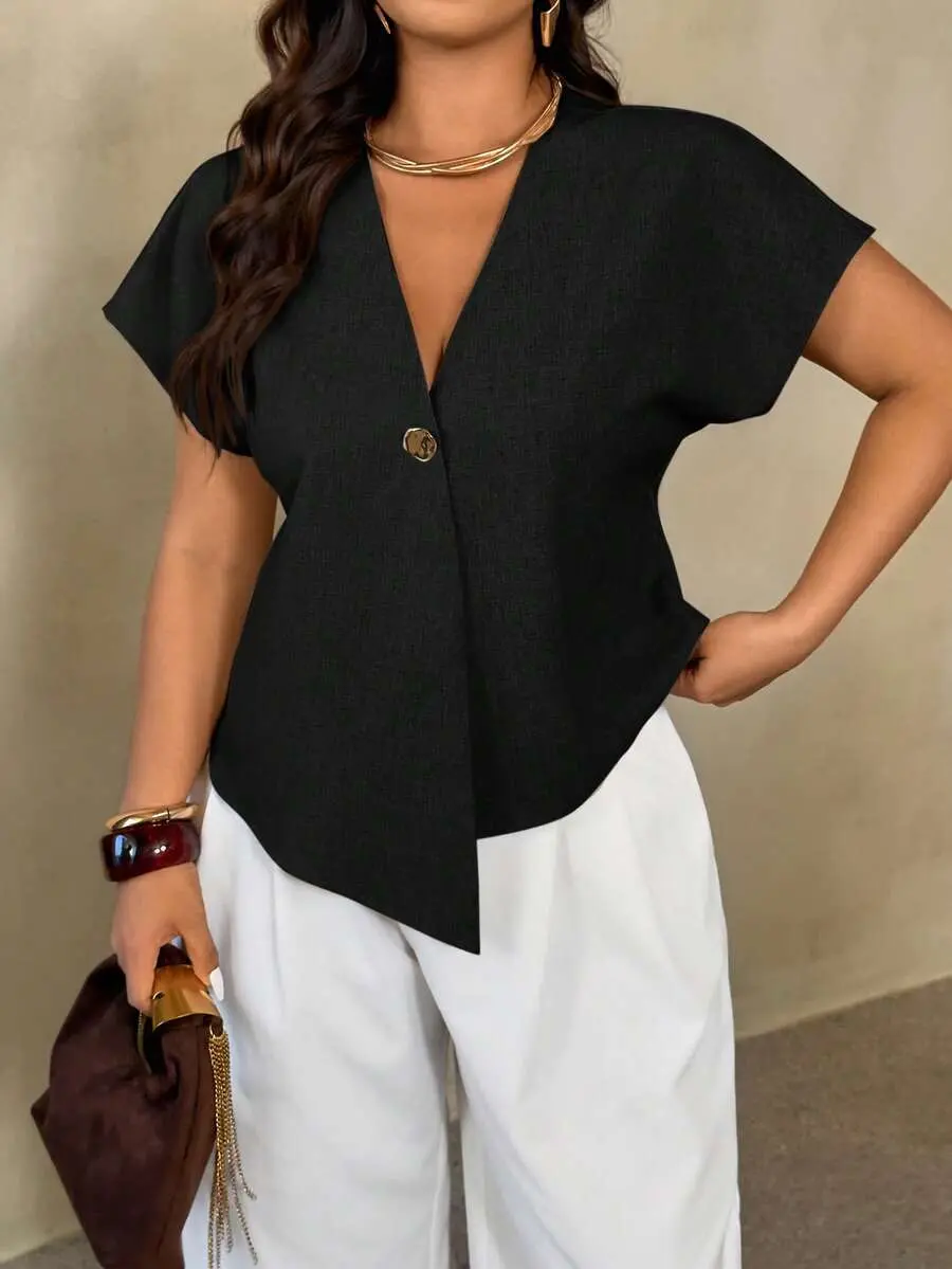 Curvera x Auralis Women's Black Summer Elegant Formal Evening Work Blouse,Plus Size Crossover V-Neck Metal Button Dropped Shoulder Short Sleeve Office Wear Uniform