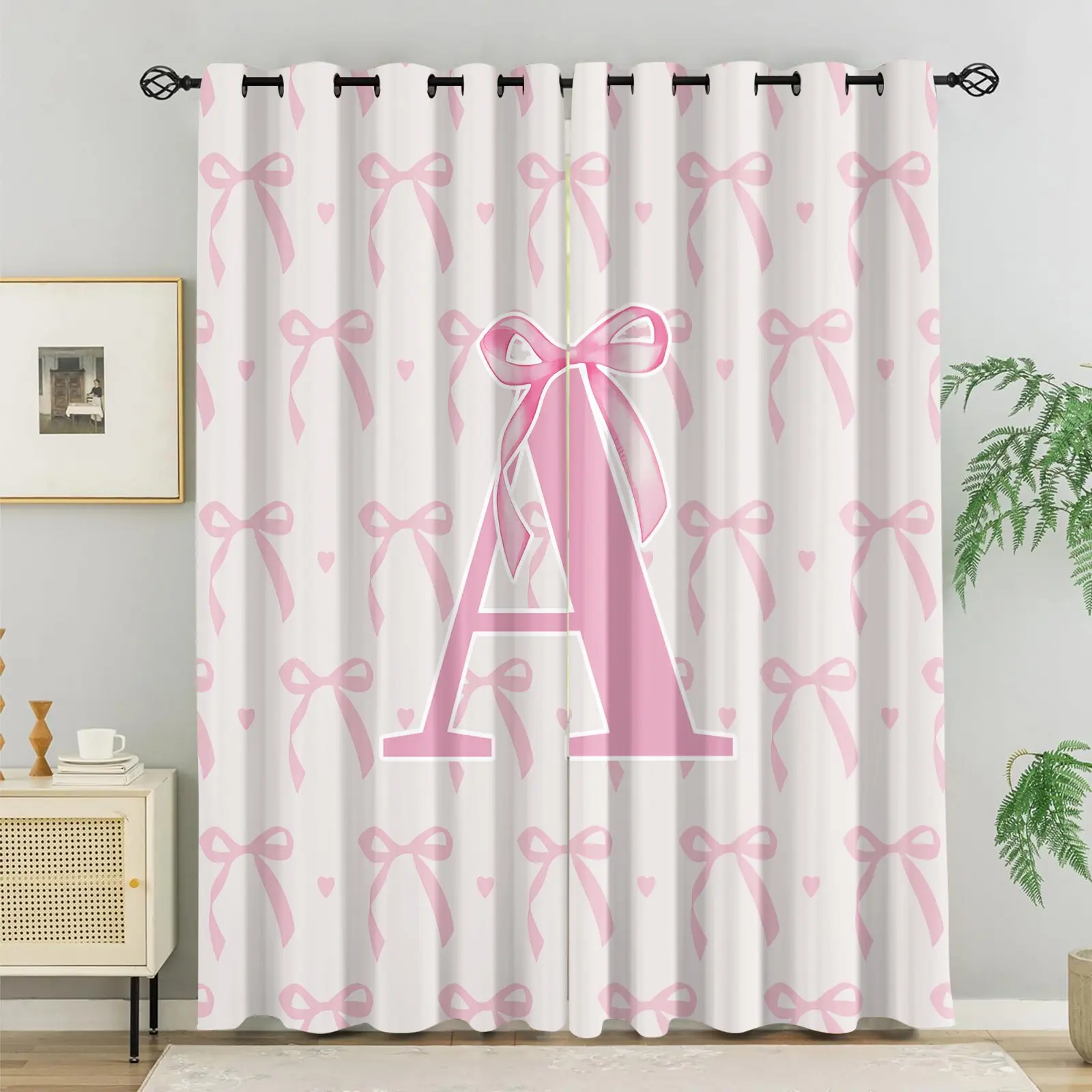 2Pcs Pink Bow Curtains, Room Decor Curtain, Home Decoration Curtain, Custom Initial Heart Print, Light Blocking Breathable Fabric Soft Texture, Ideal for Girls Bedroom Bay Window