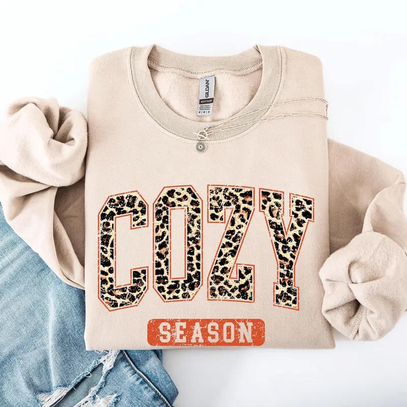 Cozy Season Leopard Print Autumn Florals Sunflowers Pumpkins Halloween Inspired Sweatshirt