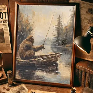 Bigfoot Fishing Alone Rustic Lake Cabin Wall Art – Vintage Aesthetic, Cozy Lodge Decor, Gift for Outdoorsmen, High-Quality Canvas Poster