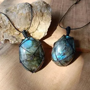 Natural Dragons Heart Blue Sheen Labradorite Stone Wrap Braided Pendant Healing Reiki Amulet Necklace For Men Women