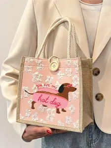 Women's Multifunctional Handbag, Cute Dog Pattern, Bee and Heart Print, Festival Style, Lightweight Foldable, Teacher's Day Gift Bag