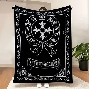 Gothic Fleur-de-Lis Emblem Throw Blanket - Vintage Black & White Heraldic Design with Ornate Scrollwork, Ideal for Gothic Aesthetic Lovers, Home Decor or Gifting, Soft Cozy Blanket