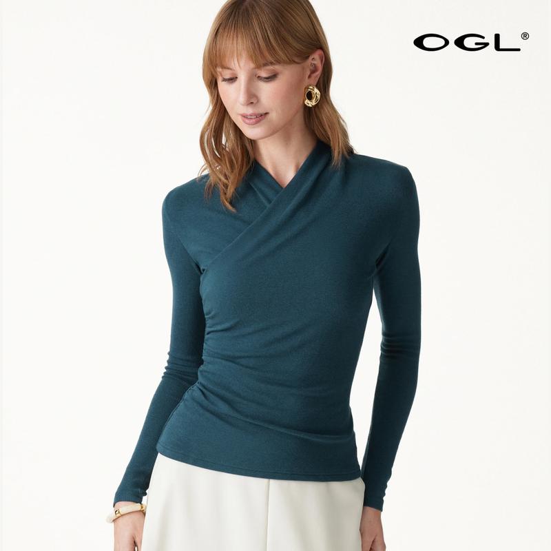 OGL Surplice Long Sleeve Top - Casual Korean Minimalist OL Style Medium Length Autumn Plain Women's Clothing teacher bae's outfit Elegant Shirts Fall Deals For You