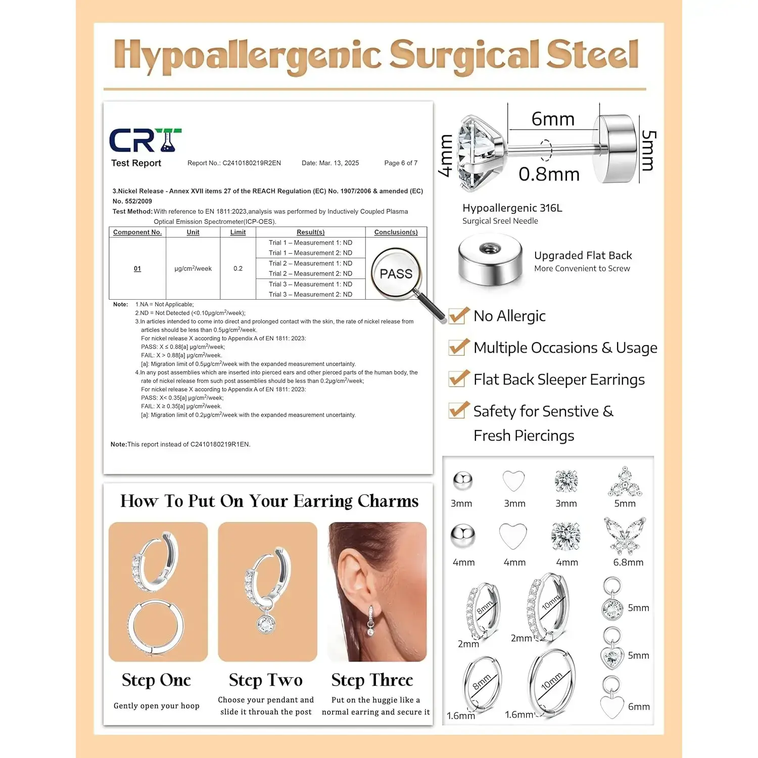 Ladies' earrings, 316L stainless steel flat back earrings, gold and silver ring stud earrings, hypoallergenic, suitable for multiple punctures Ladies' earrings, 316L stainless steel flat back earrings, gold and silver ring stud earrings, hypoallergenic, suitable for multiple punctures