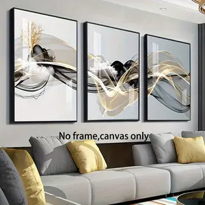 3-piece frameless minimalist black and gold abstract line canvas poster, Set, waterproof canvas wall painting, modern art wall painting, gift, hallway, living room, bedroom, office, cafe, bar, wall decoration, home and dormitory
