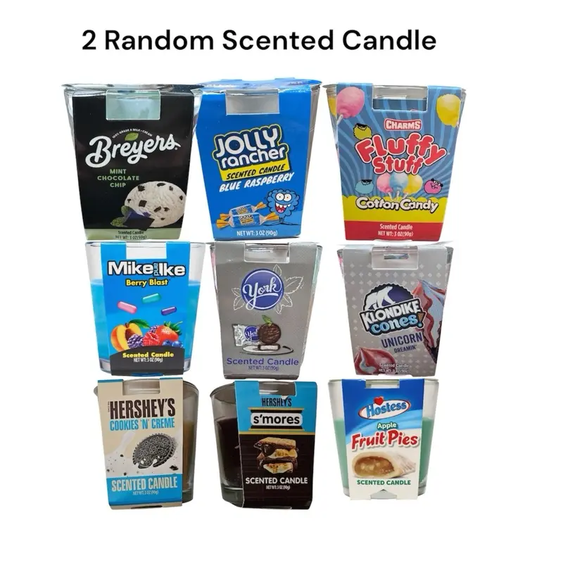 2 Random Assorted Aroma Candle Pack - Features Breyers Mint Chocolate, Jolly Rancher Blue Raspberry, Fluffy Stuff Cotton Candy, Mike and Ike Berry Blast - Room Decor (Candles Will Vary)