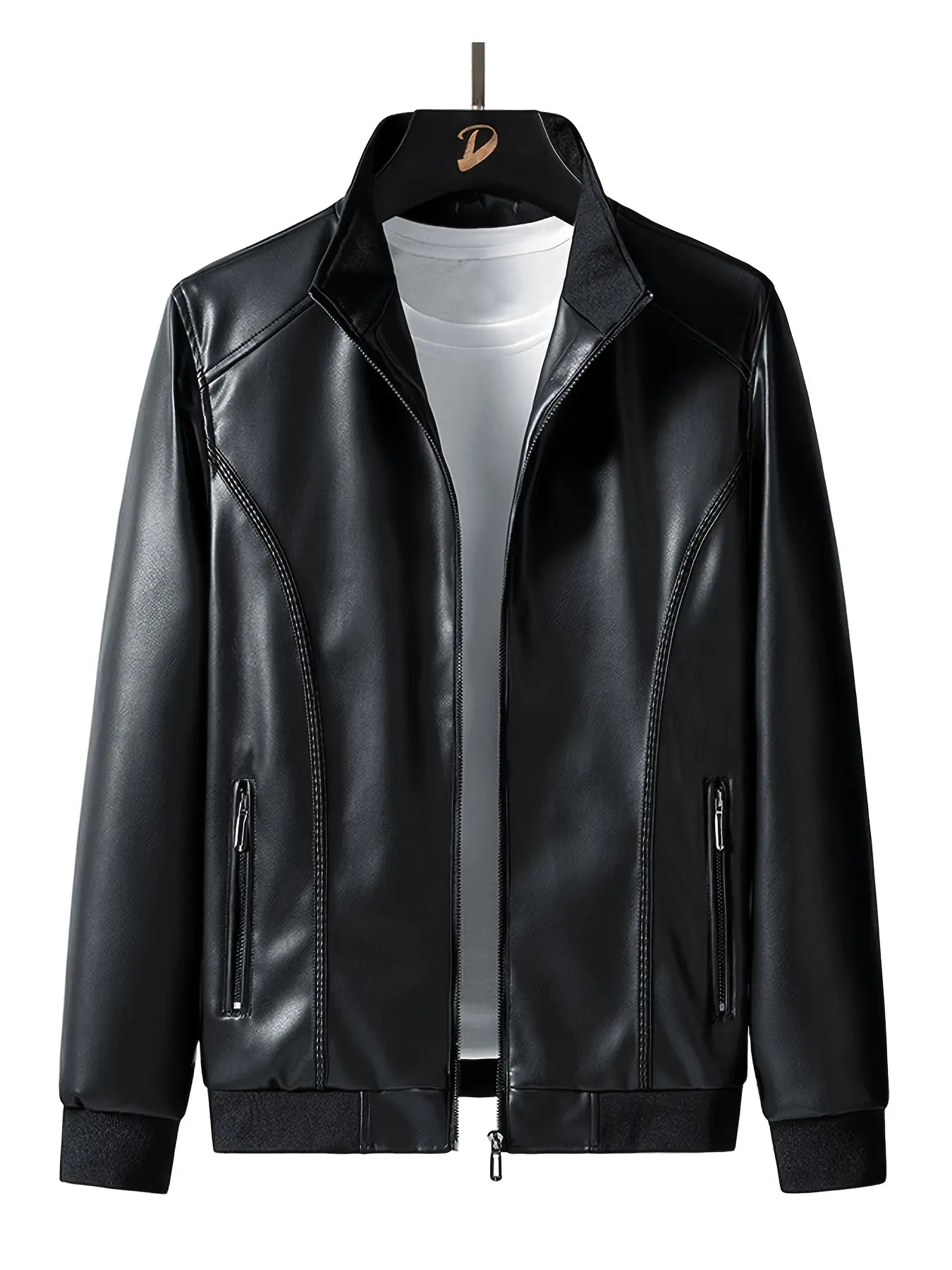 Men's slim-fit PU motorcycle jacket - lightweight zipper stand-up collar, zipper pocket, solid-color casual workwear suitable for spring and autumn, durable polyester lining, Pu Coat, Tight fitting jacket
