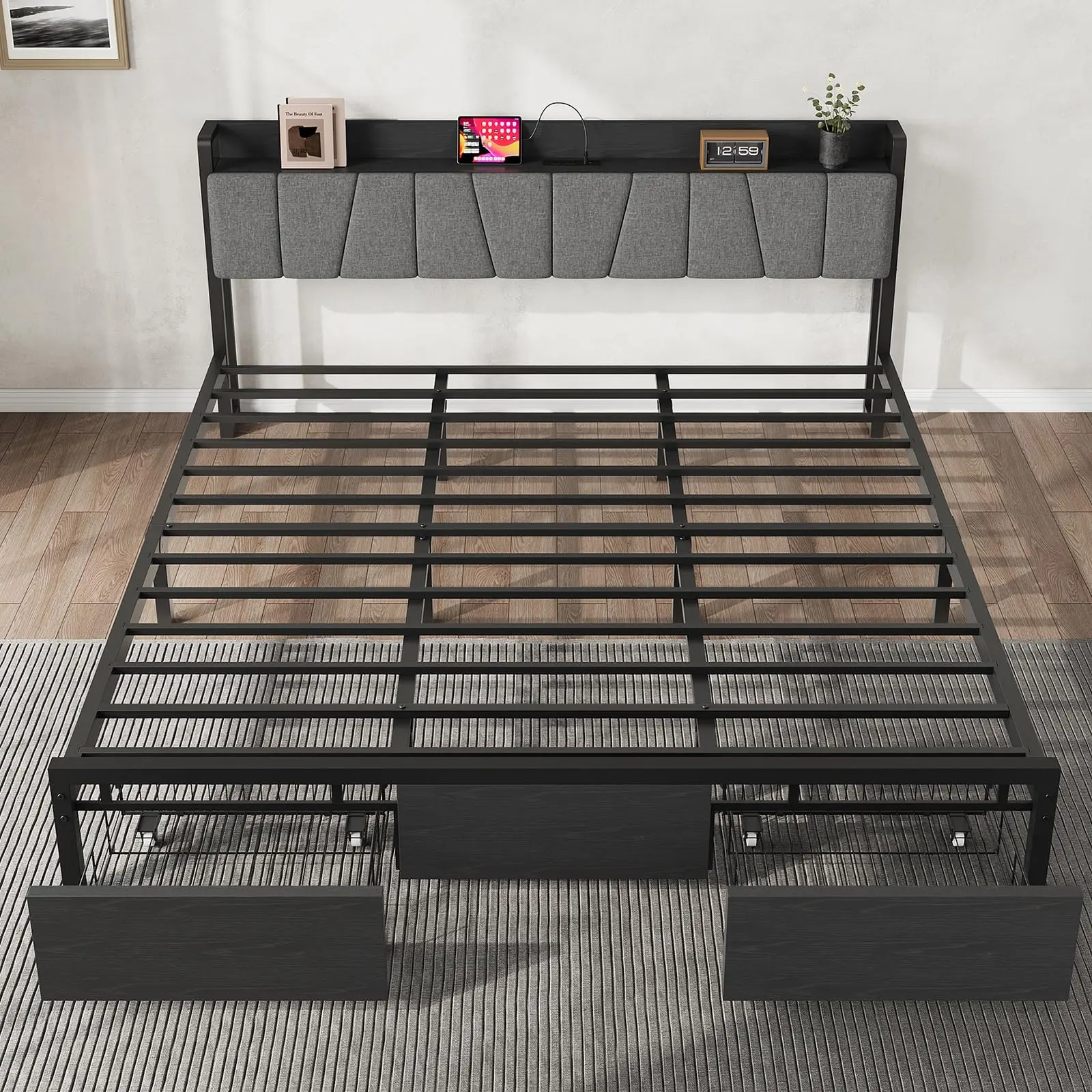 Platform Bed Frame Full/King Size with 2 Storage Drawers – Upholstered Headboard – Built-In Charging Station – Sturdy Metal Slats, No Box Seasonal Needed, Modern Bedroom Furniture, Black