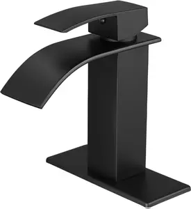 Homefy Matte Black Waterfall Bathroom Faucet - Single Handle Modern Vessel Sink Faucet, Lead-Free Brass, 1 or 3 Hole Deck Mount with 6" Plate, Easy Install Vanity Lavatory Faucet