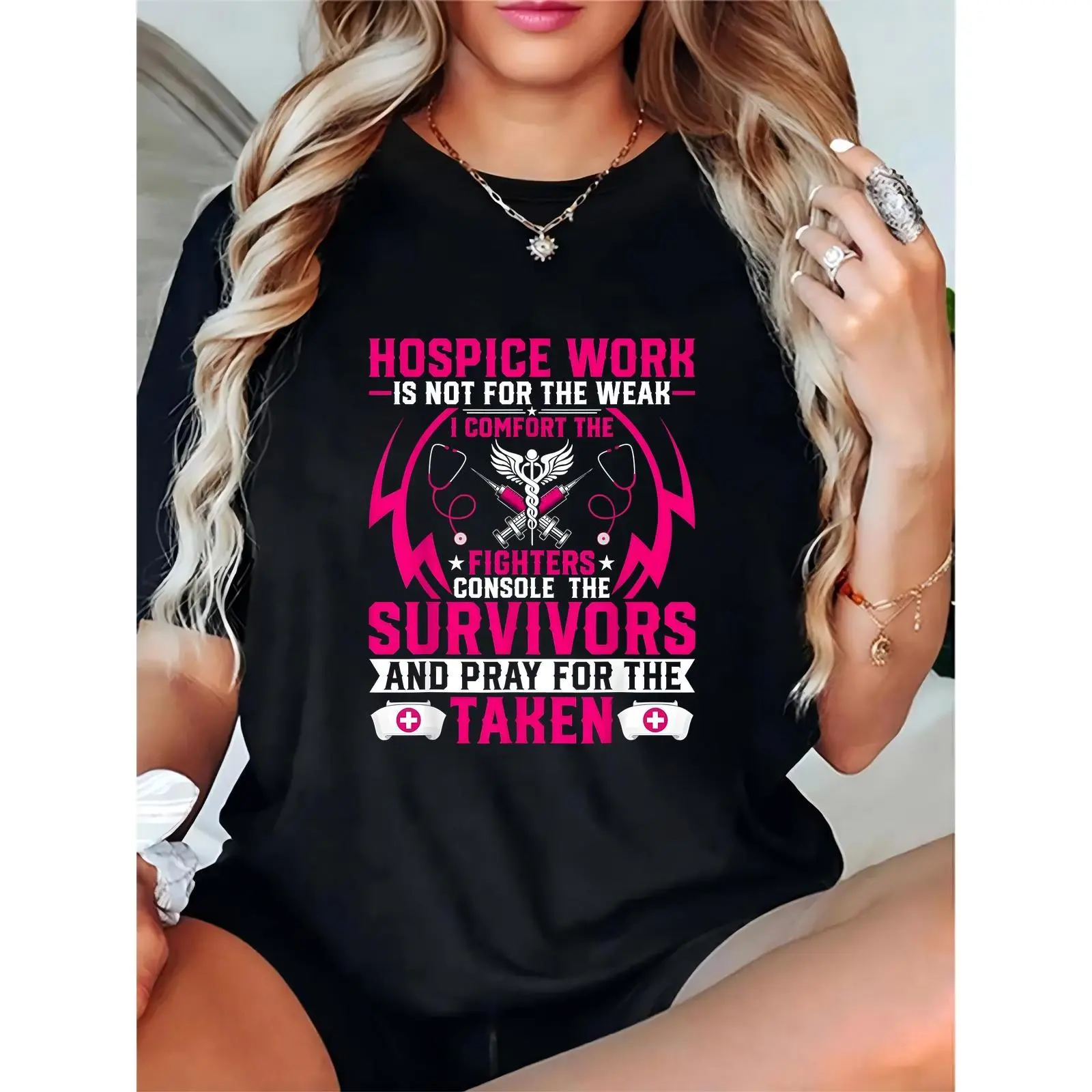 Women's Hospice Nurse T - Shirt | "Hospice Work Is Not For The Weak" Quote w/ Medical Symbols (Stethoscope, Syringe, Caduceus) | Perfect for Nurses Week, Workwear, Casual, Gift for Hospice Care Professionals & Nurses 100% Cotton T-shirt
