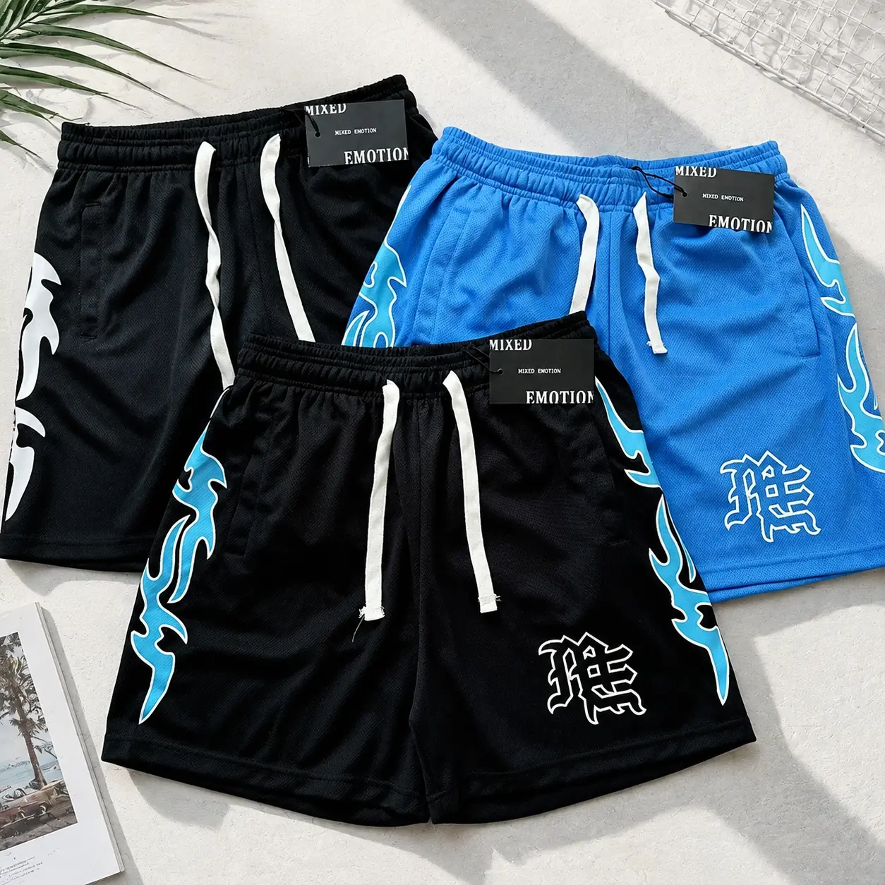MIXED EMOTION Men's Mesh Polyester Athletic Shorts, Relaxed Breathable Vintage Flame Print Streetwear Shorts, Casual Summer Gym Bottoms