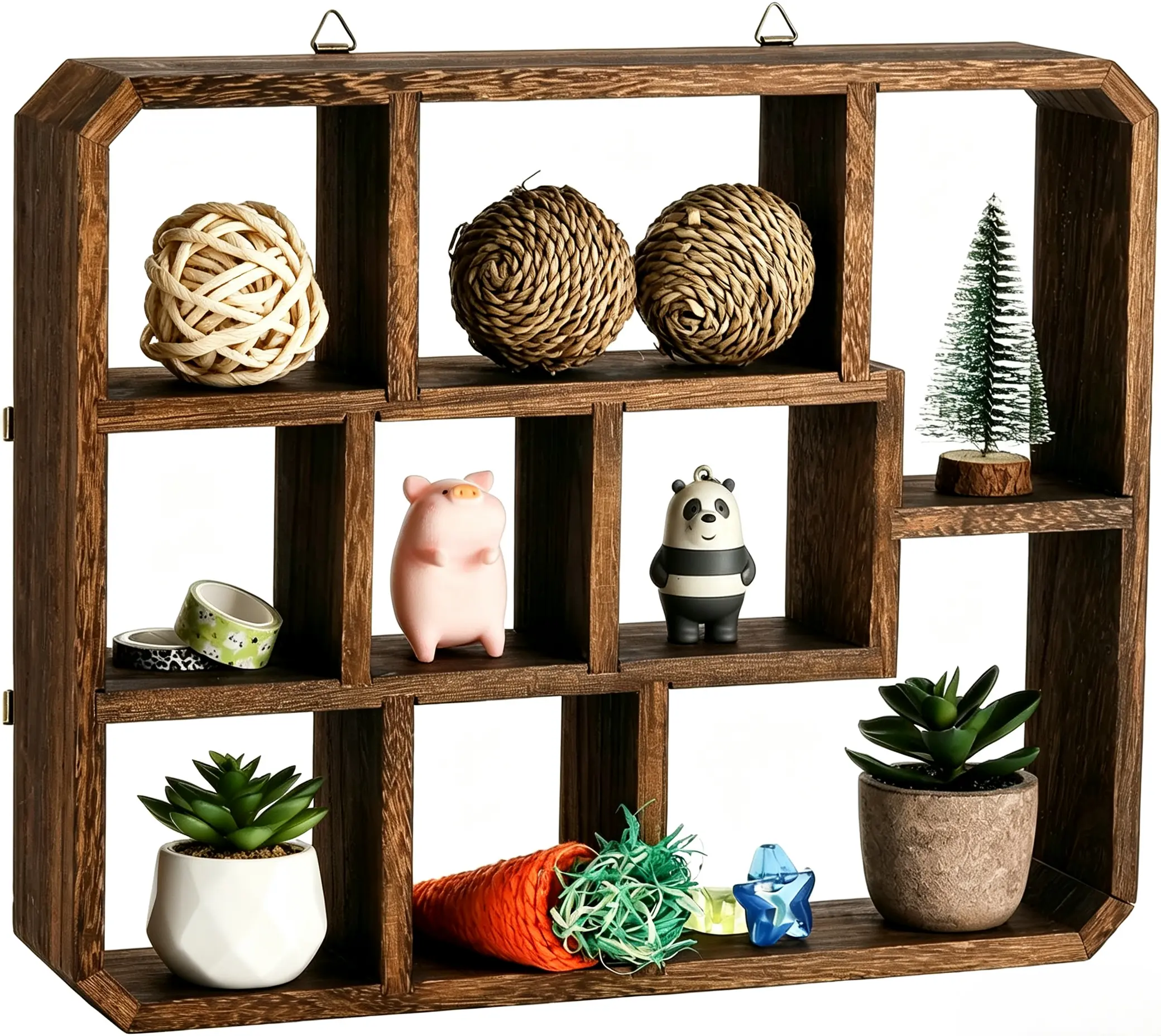 Rustic Shadow Box Display Shelf 9 Compartment Wooden Floating Hanging Shelf Multi Slot Wall Mount Or Freestanding Farmhouse Decor Display Cabinet