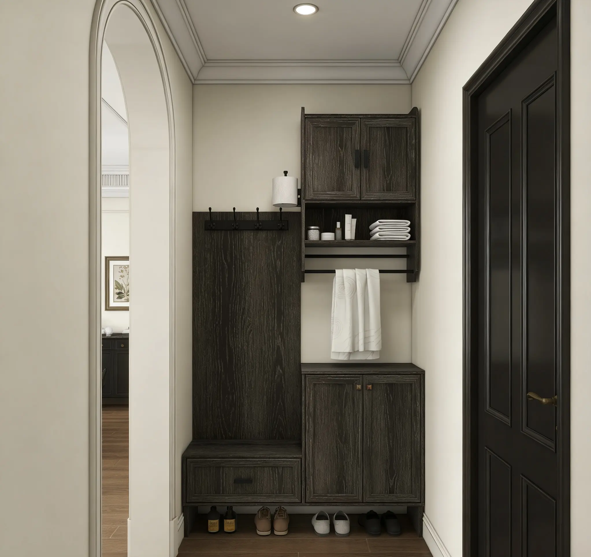 Vintage Grey Rectangular Black Metal & Wood Wall-Mounted Bathroom Cabinet - Doors, Adjustable Shelves, Towel Holder, Paper Shelf, Over-The-Toilet Storage, Medicine Cabinet - Home Organizer for Bathroom, Kitchen, Laundry Room with Towel Racks