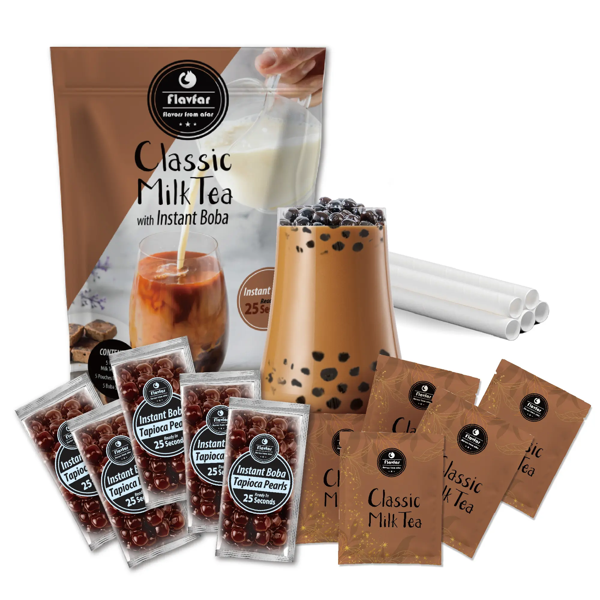 Flavfar Instant Boba Bubble Pearl Milk Tea Kit with Delicious Tapioca Boba - 5 Servings  Beverage Drinks