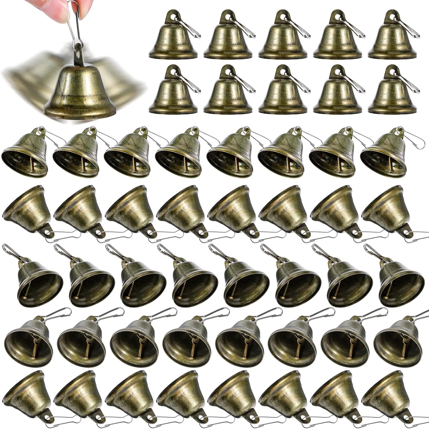 50 count Craft Bells - Bronze & Brass Jingle Bells with Spring Hooks for Wind Chimes,  , Doorbell, Christmas Tree & Wedding Decor