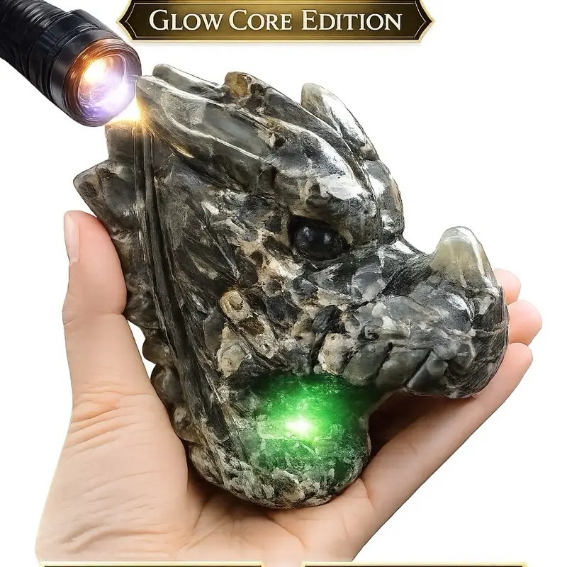 Verdant Dragon Head Natural Agate Carving Glow Core Edition 1.26 lb Collector Piece Hand Carved High Polish Finish with Enhanced Green Glow Zones for Display Crystal Home gems energy crystal Combination