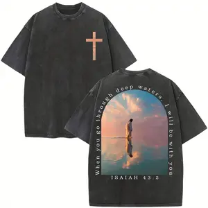 Cross & Isaiah Verse Design Retro Streetwear Double-Sided Print Pattern Men's T-Shirt Distressed Summer Wear Drop-Shoulder y2k,Vintage,Streetwear Christmas heavyweight pure cotton t-shirt Men's and women's tops suitable for everyday wear and all seasons