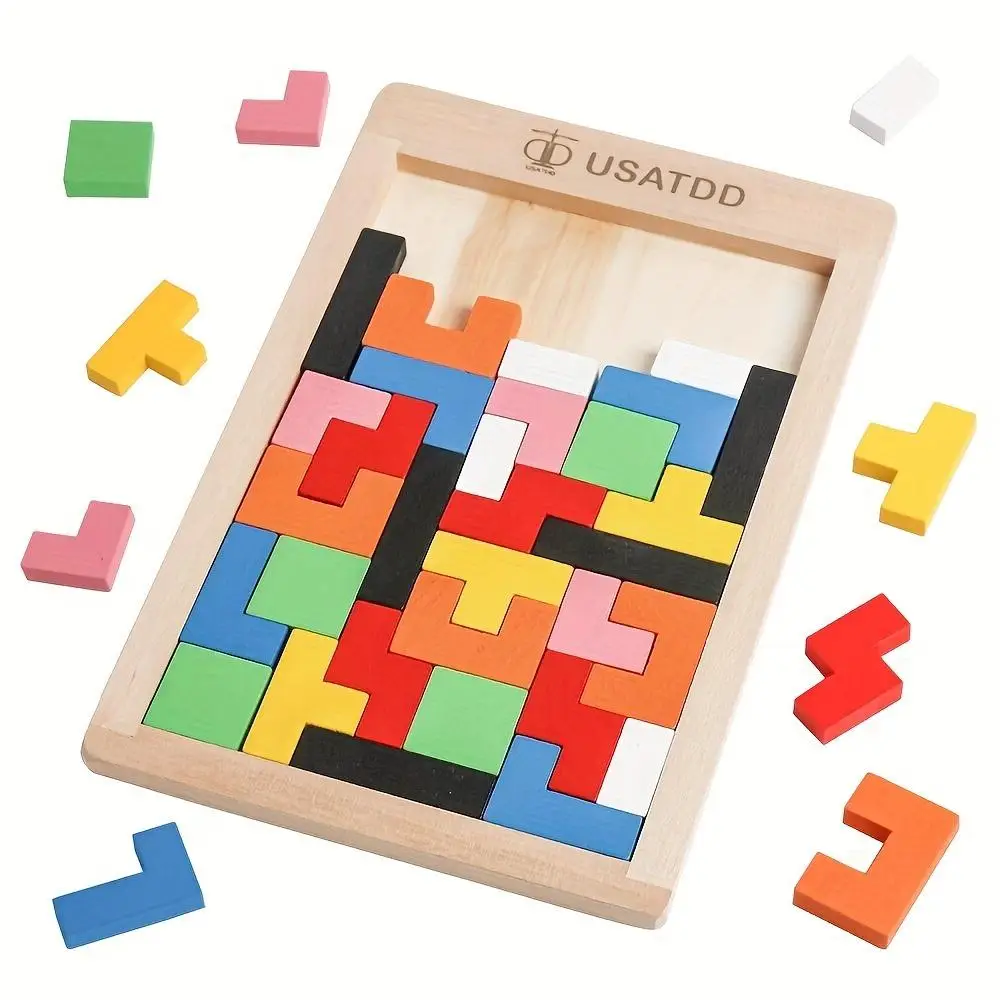 Wooden Puzzles Blocks Brain Teasers Toy, Tangram Colorful Jigsaw Game Montessori Intelligence STEM Preschool Educational Gift for Kids