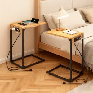 2pcs, Office desk with charging station, computer workstation, C-shaped side table, space-saving, computer table, coffee table, office, living room, bedroom