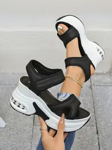 Women's Summer New Cushioned Thick Sole Sandals, Open Toe Velcro Height Increasing Shoes, Anti-Slip Sport Casual Sneakers