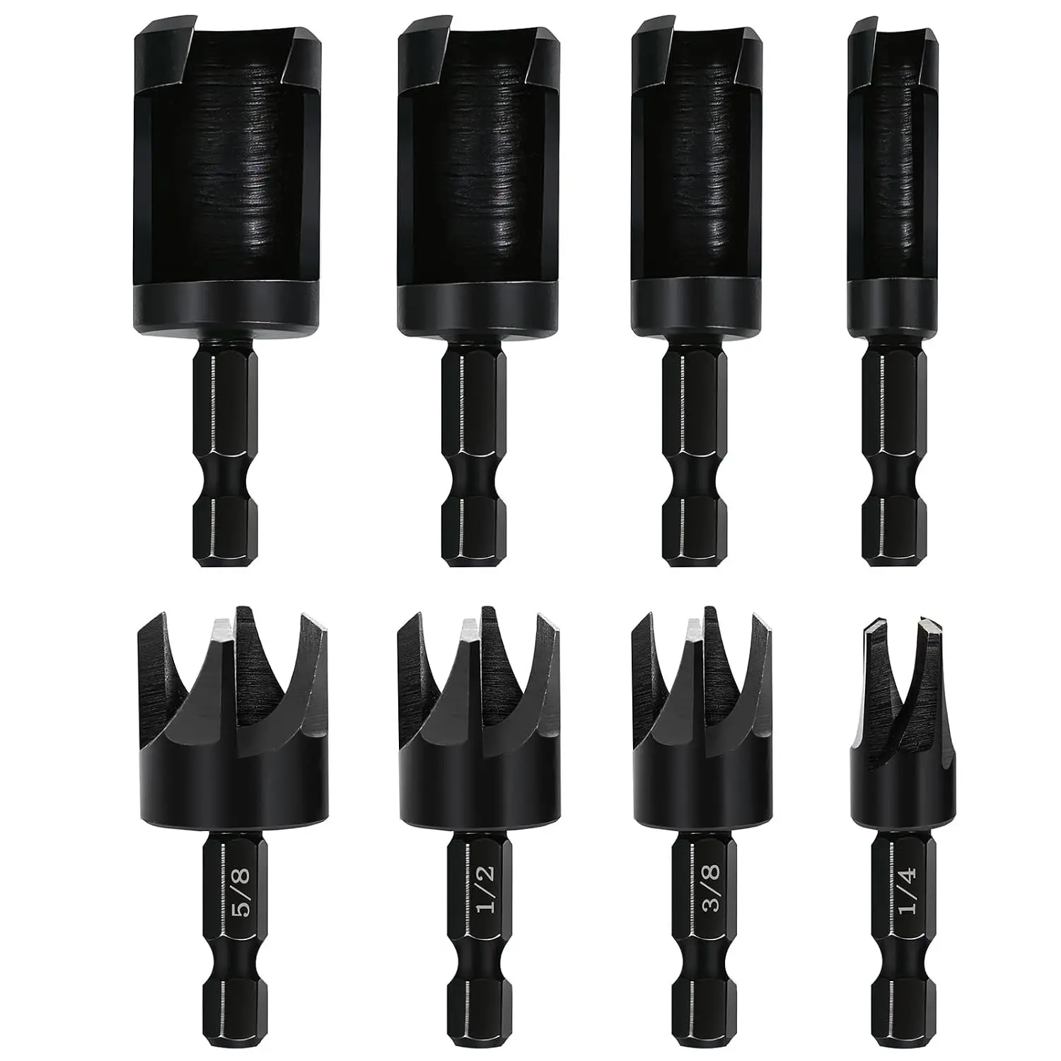 8 Pieces Black Wood Plug Cutter Drill Bit Set, Durable Plug Cutter, Straight and Tapered Plug Drill Bits 1/4", 5/8", 3/8", 1/2" with 1/4 Inch Hex Shank, Cutting Tool for Wood
