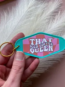 Turquoise And Bright Pink Iced Coffee Queen Motel Keychain | Coffee Lovers Keychain | Gift For Coffee Queen