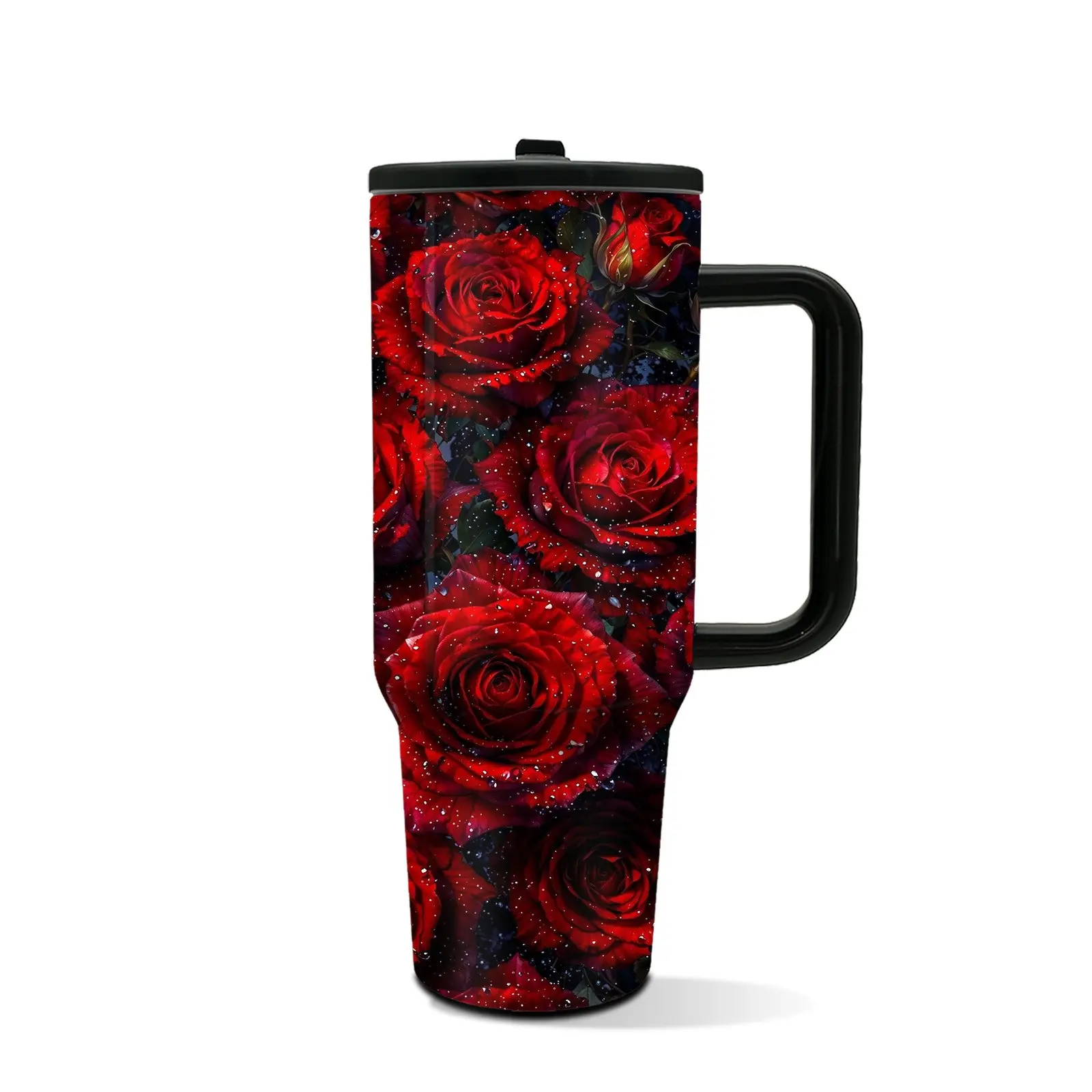 1pc 40oz Red Rose Insulated Travel Tumbler with Handle & Straw, Drinkware Vacuum Flask, Water Bottle for Women, Gift for Wife, Girlfriend, Mom, Ideal for Valentine's Day, Mother's Day, Keeps Hot 12H Cold 24H, #RoseStyle #LoveGift #ForHer