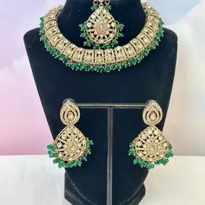 Lightweight Necklace Set with Earring and Tikka Featuring Green Beads and Intricate Design for Festive Wear