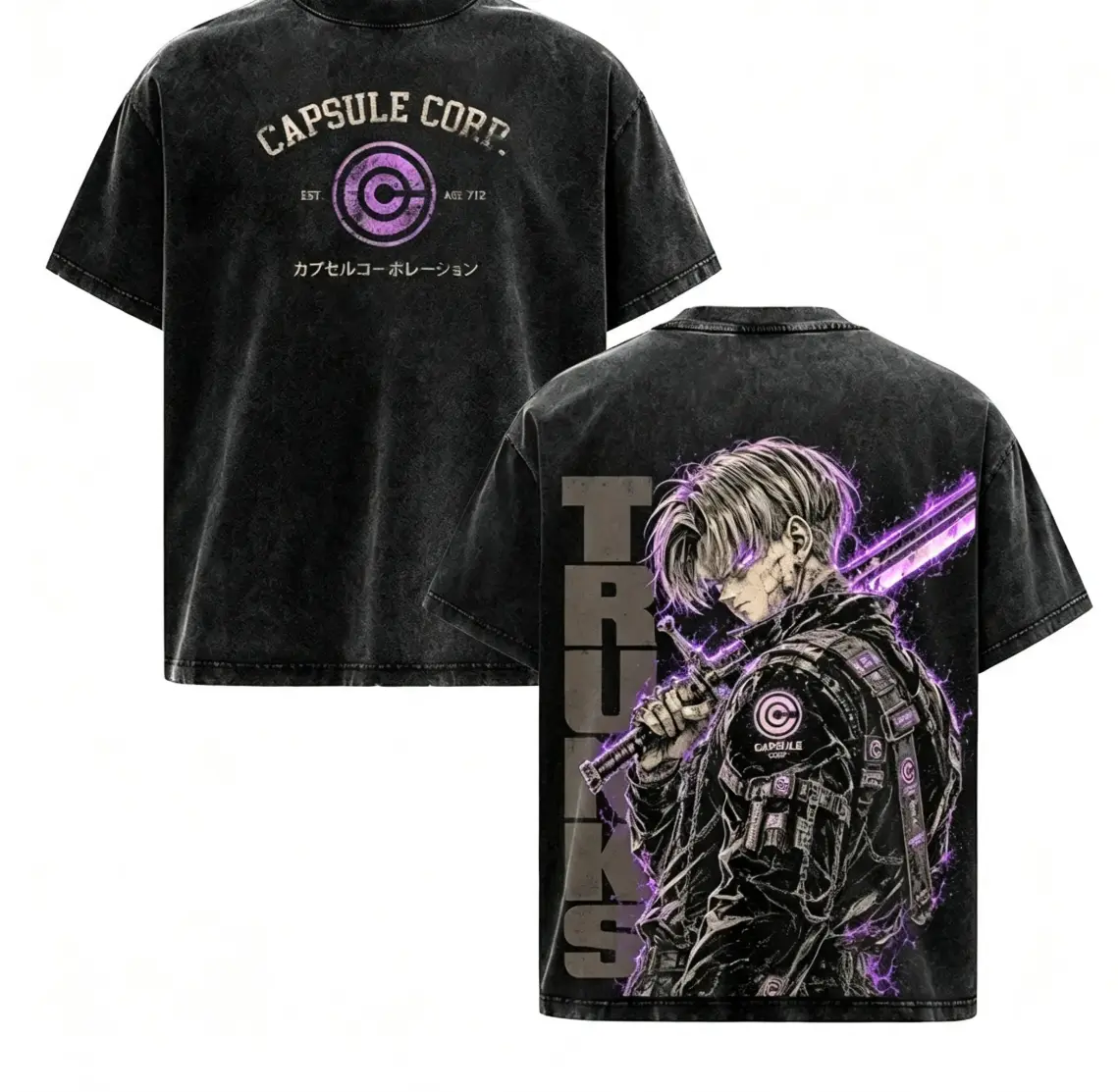 Future Trunks Capsule Corp Graphic Tee Vintage Washed Shirt Anime T-Shirt Saiyan Warrior Streetwear Tee DBZ Oversized Heavy Cotton Unisex Apparel Gift for DBZ Fans and Anime Lovers