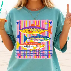 Stripe Preppy Fish Tee, Trendy Fish Shirt, Coastal Tee, Lake Shirt, Comfort Colors Womens Shirt