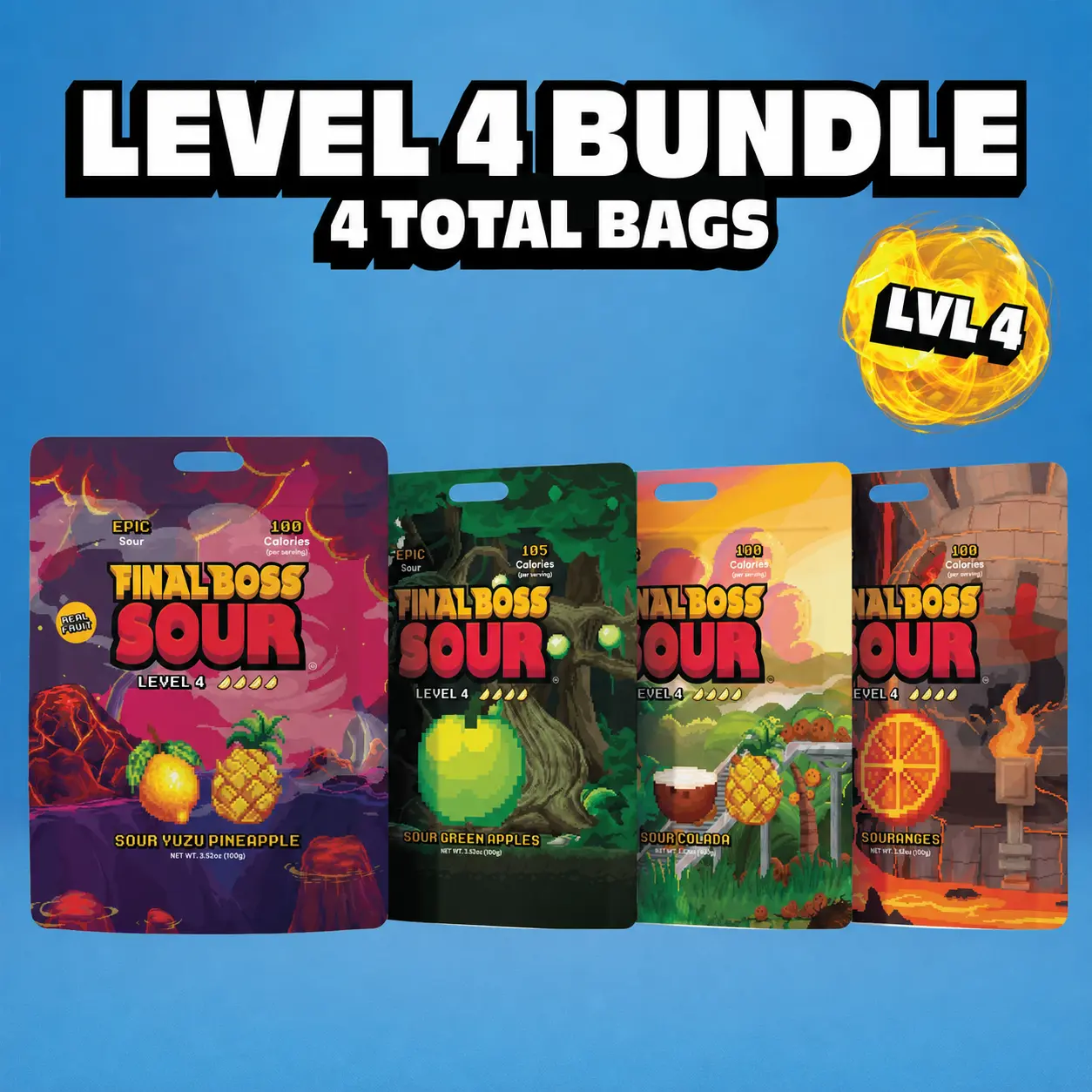 Final Boss Sour - Level 4 Bundle (Oranges & Apples) (4-Pack) Dried Snack Fruit Snack Bite Flavor